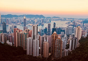 Breathtaking Kowloon skyline with skyscrapers and harbor at sunset, showcasing Hong Kong's urban beauty. HD wallpaper