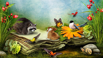 happy animals, butterflies, flowers, birds, animals HD wallpaper