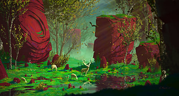 Art, Deers, Rocks, Forest HD wallpaper