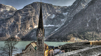 wonderful church in hallstatt austria r, town, r, church, mountains, lake HD wallpaper