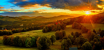 Mountain hills at sunset, rays, golden, hills, slope, beautiful, orange, mountain, trees, view, sky, sun, sunset HD wallpaper