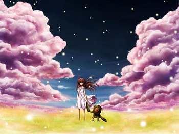 Anime, pink, field, hay, tree HD wallpaper
