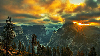 Yosemite National Park, California, usa, morning, colors, clouds, trees, mountains, sunrise HD wallpaper