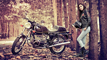 bmw rs100, motorcycle, bmw, girl, forest HD wallpaper