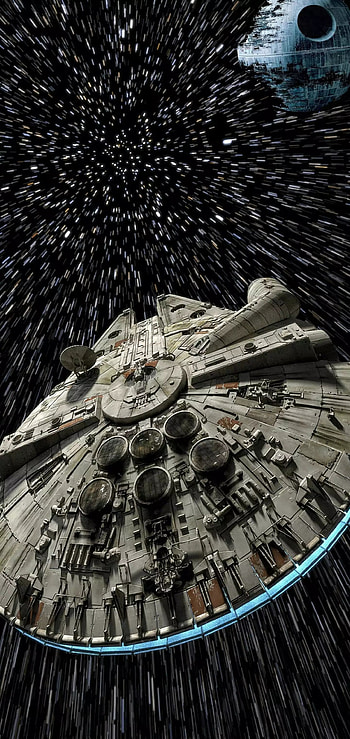 Millennium Falcon passes the Death Star, Galaxy S10 , Star Wars spaceship, Hyperspace journey HD phone wallpaper