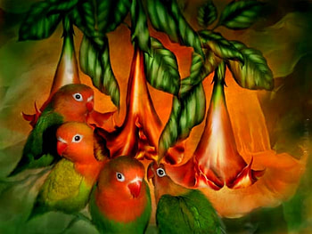 Parrots, birds, leaves, art, blossoms, flower HD wallpaper