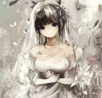 Beauty Bride, black, cute, long hair, dress, beauty, butterflies, lady, female, white, art, grey, girl, beautiful, woman, anime, pretty, lovely HD wallpaper