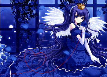 Angel Princess, blue rose, angel, jewelry, long hair, dress, crown, flower, female, sexy, sweet, ponytails, blue eyes, smile, ribbon, feathers wings, hot, blue hair, gloves, dark, anime girl, light, cool, blush, princess, hair bow, drink HD wallpaper