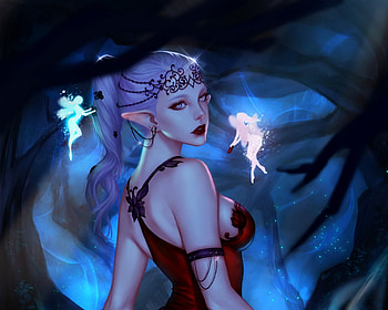 Dark fairy, blue, girl, woman, purple, fantasy, red, luminos, npye13, forest HD wallpaper