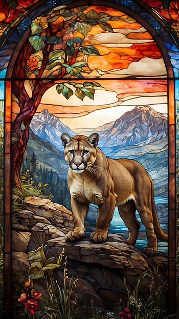 Mountain Lion Majesty - Scenic Wildlife, stained glass, mountain, nature HD phone wallpaper