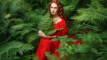 Redhead Blonde Anastasia Barmina Girl Model Is Wearing Red Color Dress Sitting In Fern Green Leaves Background Girls HD wallpaper
