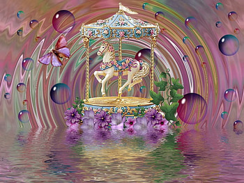 magic carousel, pink, magic, fantasy, carousel HD wallpaper