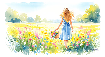 Summer Aesthetic: Serene Meadow Walk in Bloom, summer aesthetic, woman, flower field, summer, watercolor HD wallpaper
