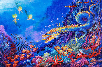The Sea Dragon, digital, art, corals, fish, reptile, mermaids HD wallpaper