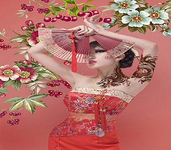 Tattoo And Cherries, tattoo, flowers, woman, cherries HD wallpaper