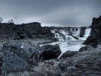 Nature, Stones, Lake, Waterfall, Evening, Black And White HD wallpaper