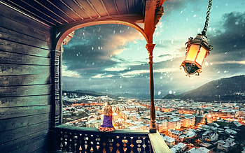 Just a little girl in a big city, blue, wind, city, girl, lantern, orange, child, copil HD wallpaper
