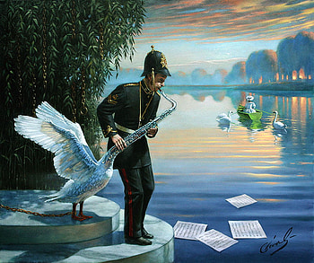 Michael Cheval - Sad Music, blue, boat, saxo, music, surrealism, painting, water, soldier, art, man, girl, tree, lake, woman, sad, michael cheval, sky, willow, swan, chains, officer HD wallpaper