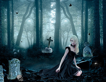 Graves in the Forest, skull, grave, forest, woman HD wallpaper