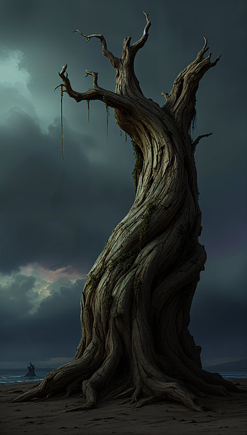 Driftwood Dreams: A Stunning , tree, fantasy, landscape, dark, Dark Fantasy, fantasy landscape HD phone wallpaper