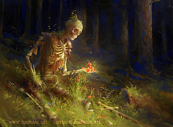 Death giving birth to life, bones, harkale linai, fantasy, art, skeleton, green, nature, death, flower HD wallpaper