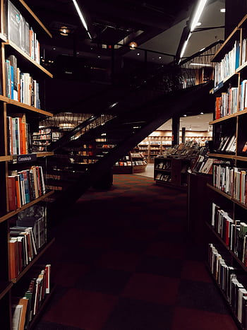 Warm and inviting library interior with bookshelves and modern design. HD phone wallpaper