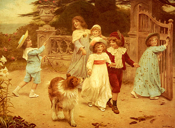 Arthur John Elsley * Home team, dog, puppy, painting, boy, art, arthur john elsley, girl, people HD wallpaper