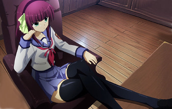 Nakamura Yuri, chair, purple hair, yurippe, school uniform, hair ribbon, green eyes, angel beats HD wallpaper