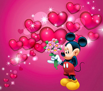 Valentine mouse, hearts, mickey mouse valentines pink hearts, flower bouquet, for you, valentines day HD wallpaper