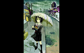 rain, umbrella, girl, anime HD wallpaper