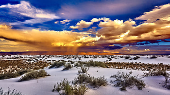 A Sunset at White Sands, New Mexico, sky, plants, landscape, clouds, colors, usa HD wallpaper