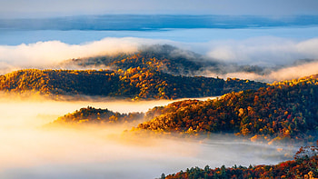 Autumn inversions on the Blue Ridge Parkway, hills, Virginia, clouds, trees, sky, usa HD wallpaper