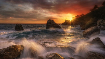 Lloret de Mar, Costa Brava, Spain, sea, landscape, trees, clouds, colors, sky, rocks, sunset HD wallpaper