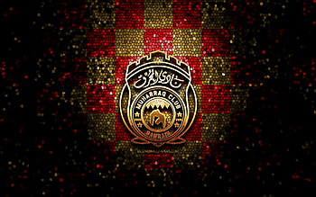 Al-Muharraq SC, glitter logo, Bahraini Premier League, red brown checkered background, soccer, japanese football club, Al-Muharraq SC logo, mosaic art, football, Al-Muharraq FC HD wallpaper