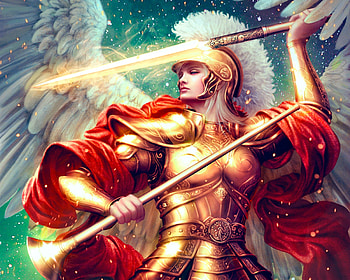 Archangel Gabriel, wings, mariowibisono, frumusete, sword, girl, angel, beauty, armor, helmet, luminos, spear HD wallpaper