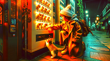 Neon Vending: Cyberpunk Kid & Cat, cat, cyberpunk, vending machine, child HD wallpaper