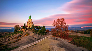 Sunset in Catalonia, Spain, mountains, church, hills, landscape, colors, trees, sky HD wallpaper