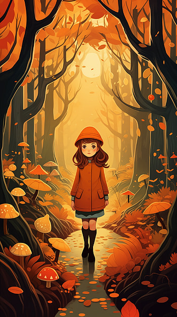 Autumn Walk , Autumn, girl, forest, illustration, orange (Color) HD phone wallpaper