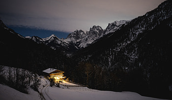 Landscape, Nature, Mountains, Twilight, Snow, House, Dusk HD wallpaper