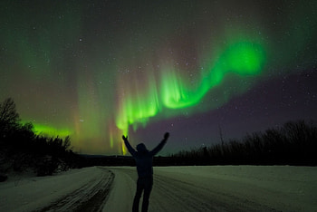 Northern Lights over Fairbanks, Alaska, winter, snow, colors, sky, road HD wallpaper