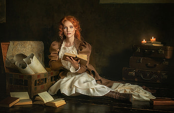Red haired girl with a book, with a, book, haired girl, Red HD wallpaper