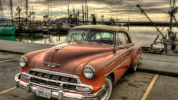 vintage chevrolet parked on a wharf r, wharf, car, boats, r, vintage, docks HD wallpaper