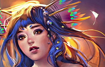 Mermaid, blue, sakimichan, girl, orange, woman, purple, pink, fantasy, green, yellow, face HD wallpaper