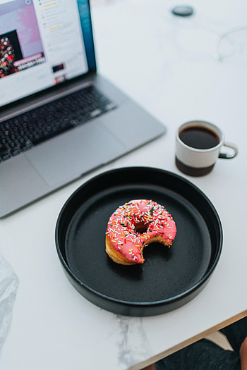 Food, Coffee, Cup, Notebook, Laptop, Donut, Doughnut HD phone wallpaper