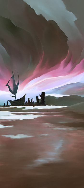 Digital painting of an aurora borealis above a shipwreck in a frozen land, sunrise, colorful landscape, cloud, fantasy, landscape, fantasy landscape HD phone wallpaper
