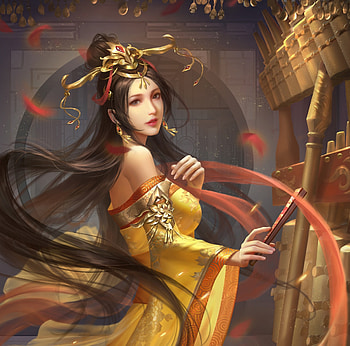 Fantasy girl, frumusete, fantasy, ming yang zhou, art, yellow, red, girl HD wallpaper