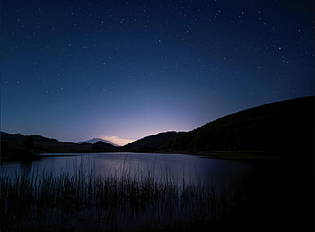 Nature, Grass, Stars, Mountain, Lake, Starry Sky HD wallpaper