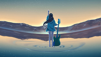 Girl With Guitar Against Horizon Sunrise, girl, guitar, horizon, sunrise, artist, artwork, art, digital-art, ai, pixiv HD wallpaper