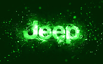 Jeep green logo, , green neon lights, creative, green abstract background, Jeep logo, cars brands, Jeep HD wallpaper
