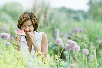 * Taste it *, smile, tasty, watermelon, grass, spring, summer, cute girl, green, face, fruit, nature, flowers HD wallpaper